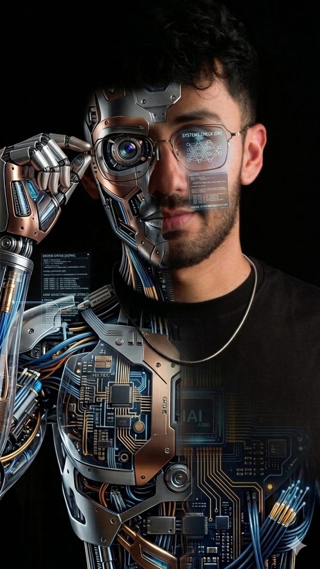Profesional mitad humano mitad robot representando el ACV potenciado con inteligencia artificial